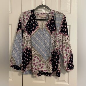 LOFT Women's Patchwork Blouse in Black, Pink, and Blue